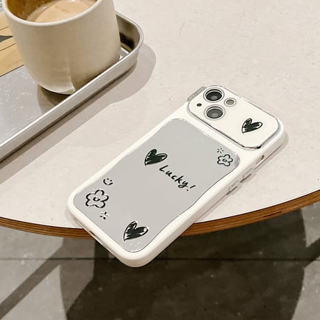 韓国風 鏡付iPhone15/15プロカバー Lucky/Happy iPhone14pro/13/12ケース お揃い 便利 [M4364]