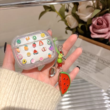 果物 Airpods 4ケース スイカキーホルダー付 かわいい Airpods3/Pro2ケース airpodsproカバー キラキララメ ギフトにおすすめ[M5076]