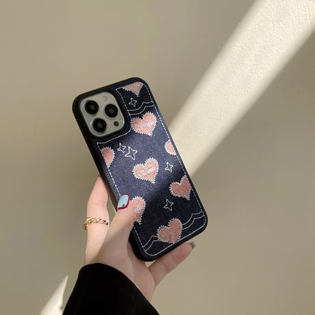デニム 刺繡 ピンクハート柄 iphone14plus/14proケース  可愛すぎ  iphone13/12/11カバー  高品質  高級感 プレゼントにおすすめ [M2247]