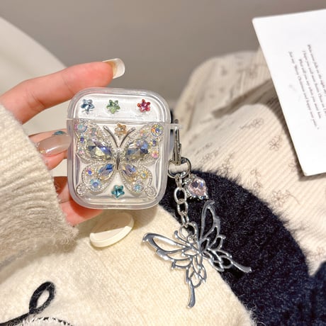 女子力高い Airpods 4ケース ダイヤ蝶 Airpodspro2/proカバー  Airpods3/2 チョウキーホルダー めっちゃ可愛い 丈夫[M5043]