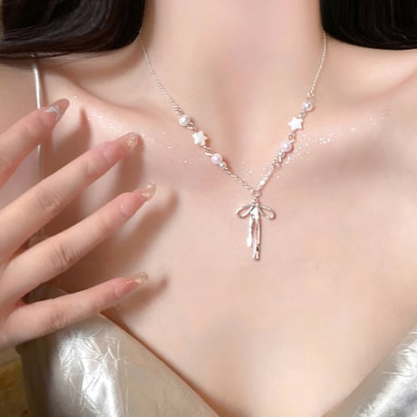 パールリボン ネックレス 高級感  オシャレ 肌に優しい  通勤 日常 デート 成人式 結婚式 誕生日   ギフトにおすすめ 夏に人気[M6308]