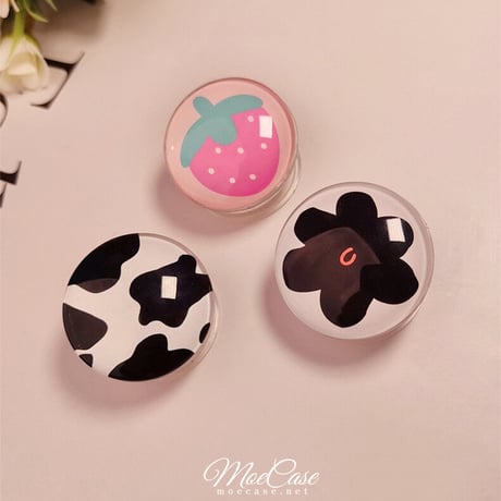 クリスタル スマホグリップスタンド イチゴ/ピーチ/黒花/牛柄 かわいい 粘着タイプ キラキラ 全機種対応 オシャレ トレンド[M3107]