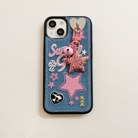 刺繡入り sweet girl iphone14/14promaxケース デニム お揃いアイフォン13/12/11カバー 星 可愛いプレゼントにおすすめ[M2251]