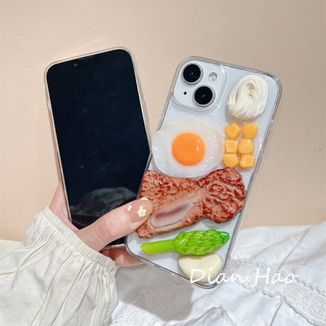ステーキ/目玉焼き iphone17/16proケース 立体食べ物/野菜 アイフォン15/14promaxケース 面白い 美味しそう クリアケース ギフトにおすすめ[M3203]