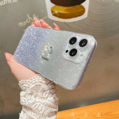 ジュエリーハクチョウ iPhone14/15Proケース 豪華 アイフォン13/12/11カバー ラメ入りシール カメラレンズフイルム付き 綺麗 お洒落[M2743]