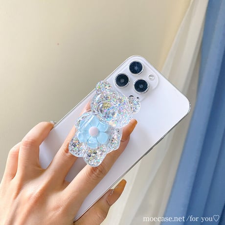 花付熊 スマホグリップスタンド キラキララメ入り  高透明感 艶あり 粘着タイプ かわいい いい ギフトにおすすめ[M2788]