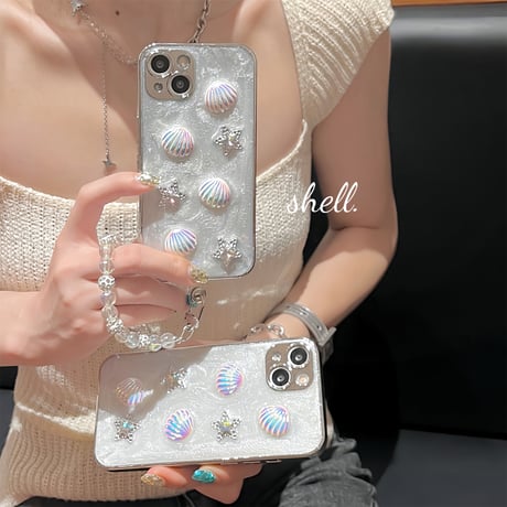 シェル iPhone15/15proケース チャーム付 iPhone14/13pro/12カバー キラキラ 女子力アップ[M4540]