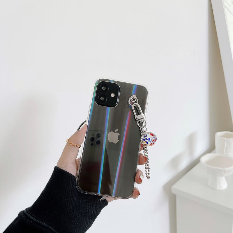 オーロラ光る iphoneクリア12/11ケース サイコロチェーン付き