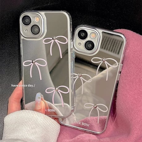 リボン柄 鏡付 iPhone15/15プロケース 頑丈 おしゃれiphone14pro/13promax/12カバー 高級感[M4150]