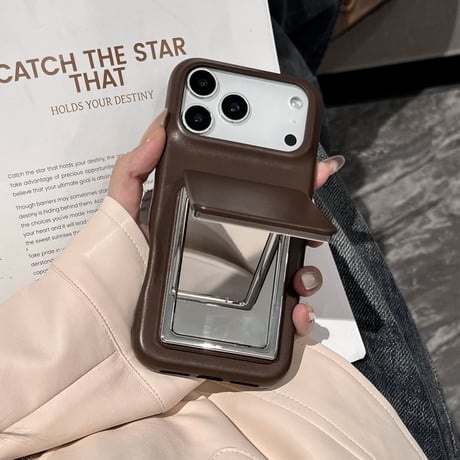 メイク直し鏡 iPhone17Pro/17ケース スタンド機能 革製 iPhone16Pro/15promax/14ケース 高級感高品質 [M6079]