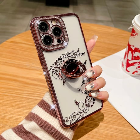 ジュエリー リング付 iPhone15/15proケース  薔薇柄  キラキラiphone13/12/14proカバー きれい 高機能 [M3846]