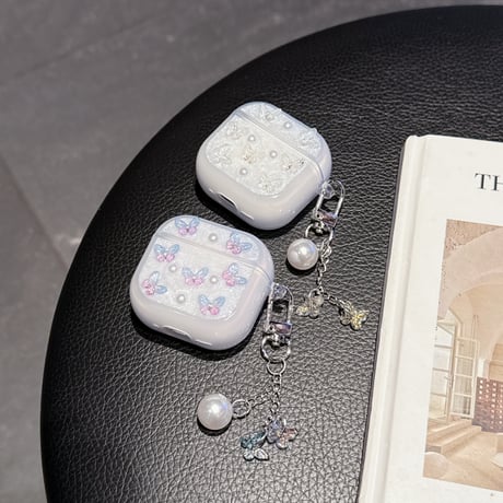 かわいい蝶々 Airpods 4ケース パールキーホルダー付 かわいい Airpods3/Pro2ケース airpodsproカバー 頑丈 ガーリーファッション[M5272]