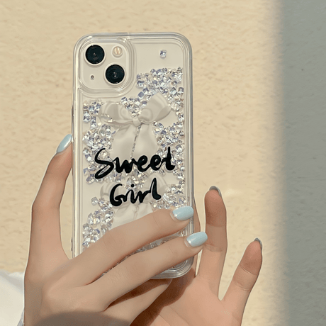 流れるダイヤモンド入り iphone14pro/13proケース リボン柄 Sweet Girl iphone12pro/11カバー クリア 綺麗 おしゃれ[M3259]