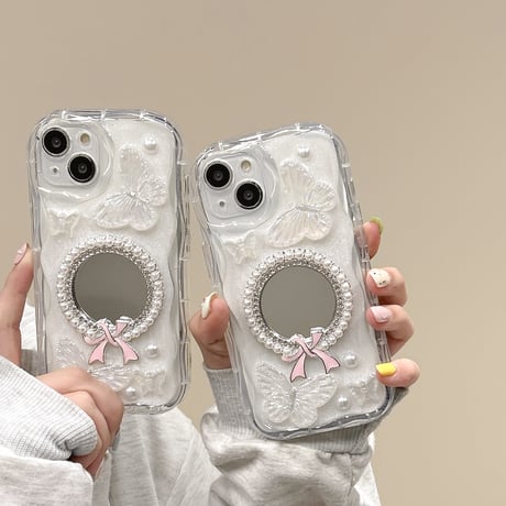 女子力アップ アイフォン15プロ/15カバー 鏡付 蝶クリアiPhone14Pro/13/12ケース お洒落 [M4303]