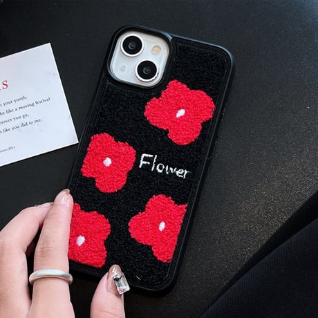 レッド花柄 iphone16/16proケース  刺繡入り iphone15pro/14/13/12カバー 秋冬人気アイテム シック[M3601]