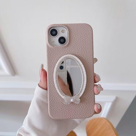 鏡付きレザー iPhone15/14proケース ジュエリーデコアイフォン13/12/11proカバー 可愛い シンプル 実用[M3345]