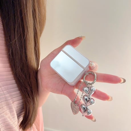 ミラー Airpods4ケース ハートキーチェーン付 AirpodsPro2ケース airpods3/2カバー  メイク直し鏡 女子力高い 丈夫 [M5280]