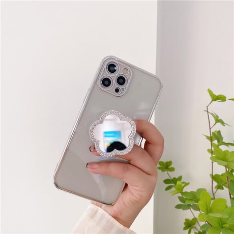 ミラーポップソケット付 iphone12/11ケース  スタンド 透明iphoneXS/SE2カバー  軽量持ちやすい ツヤ感ありファッションM418