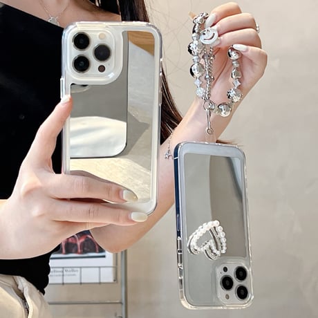 パールハート 鏡 iPhone15pro/15plusケース ストラップ付 iPhone14pro/13/12proカバー おしゃれ 女子力アップ[M4209]