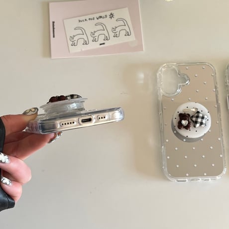 水玉模様ミラー iPhone17pro/17ケース 熊グリップ iPhone16/15promax/14ケース かわいい 多機能便利[M6352]