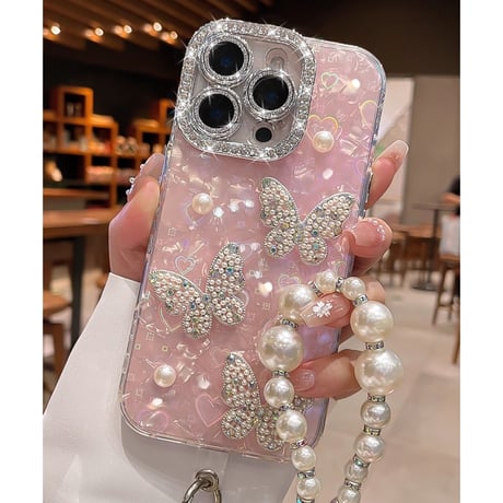 ジュエリー/パールデコ iPhone17/16promaxカバー 蝶々 カメラカバー iPhone15/14/13ケース 綺麗ストラップ キラキラハート入りシェル柄[M5590]