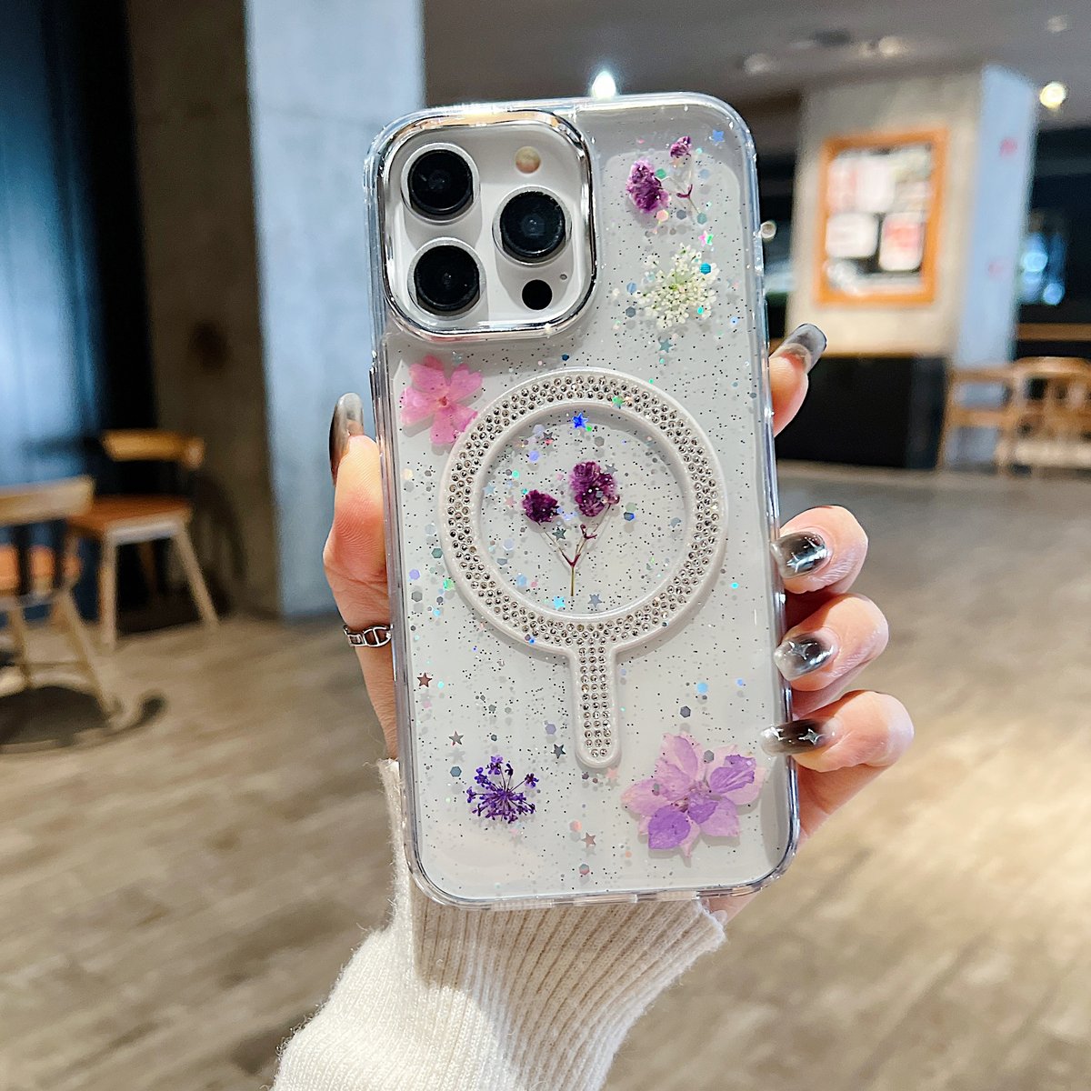 ジュエリーMagSafeリング iPhone15/15proケース 押し花 ラメ入り iPh