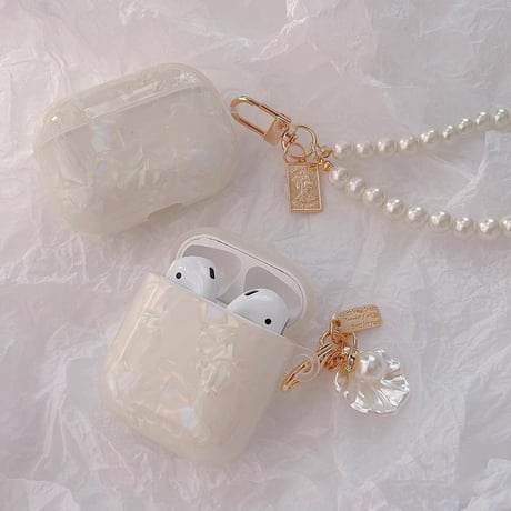 Airpods 4 ケース  めっちゃ可愛い シェル風 Airpodspro2/proカバー シェルチャーム/パールストラップ 女子力高い[M4723]