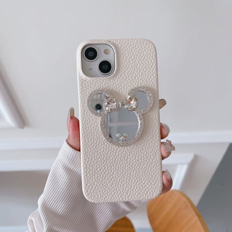 鏡付きレザー iPhone15/14proケース ジュエリーデコアイフォン13/12/11proカバー 可愛い シンプル 実用[M3345]