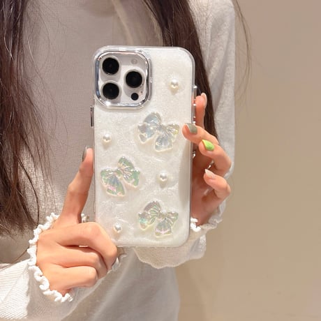 キラキラリボン iPhone16/16Proケース パールデコ iPhone15Pro/14/13/12カバー かわいい 女子力UP [M5018]