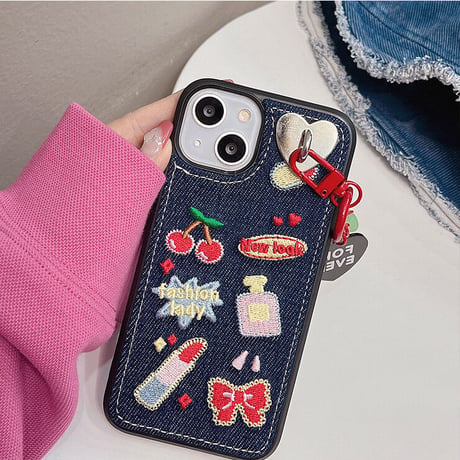 デニム Fashion Lady iPhone14/14proケース  刺繡 秋冬人気  アイフォン13/12/11カバー  高品質  高級感 女子力アップ [M2249]