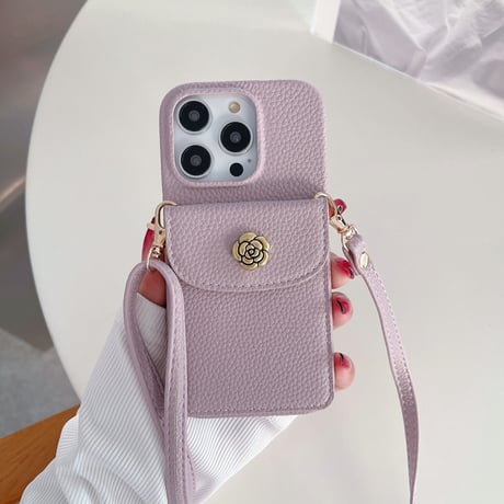 交通カード入れ iPhone14/15proケース 花デコ レザー製 iPhone12pro/13/11proカバー 肩掛けストラップ シック オシャレ便利[M3244]