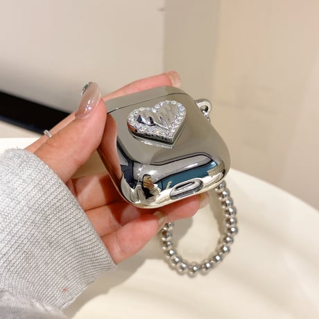ジュエリーハート Airpods 4ケース 金属ビーズストラップ付 Airpodspro2/proカバー Airpods3/2 めっちゃ可愛い光沢感[M4899]