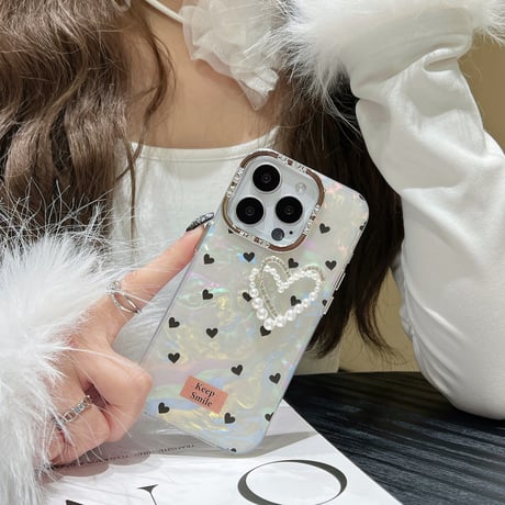 パールハート iPhone15/15proカバー シェル風 iPhone14pro/13pro/12proケース かわいい キラキラ 女子 ギフトに最適[M4079]