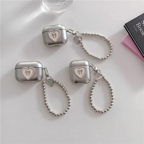パープルリボン Airpods 4ケース エアーポッズ3/2 金属ビーズストラップ AirpodsPro2/1カバー エレガント めっちゃ可愛い[M4737]