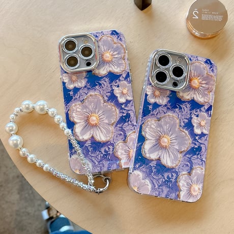 パープル 花柄 iPhone15pro/15promaxケース パールストラップ付 iPhone14/13pro/12ケース 便利 シック[M4096]