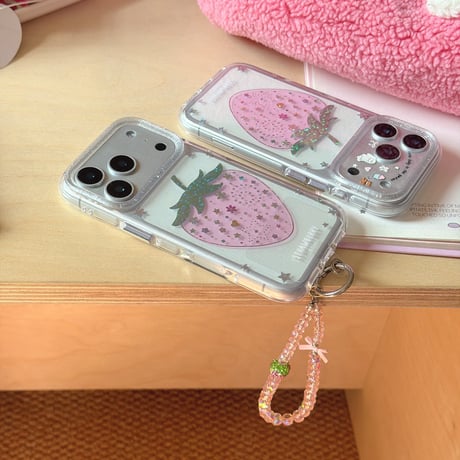 ダイヤストロベリー iPhone17pro/17ケース キラキラ感 iPhone16promax/15proケース オシャレストラップ 女子力高い[M5978]