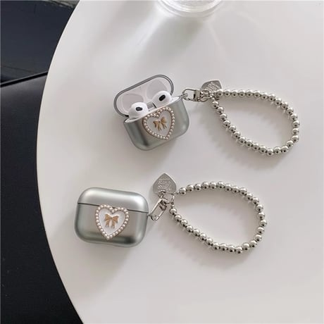 パープルリボン Airpods 4ケース エアーポッズ3/2 金属ビーズストラップ AirpodsPro2/1カバー エレガント めっちゃ可愛い[M4737]