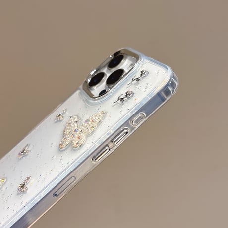パール/ジュエリー蝶々 iPhone16/16Proケース  ストラップ付 iPhone15Pro/14/13proカバー 華やか キラキラ 高品質 [M5150]