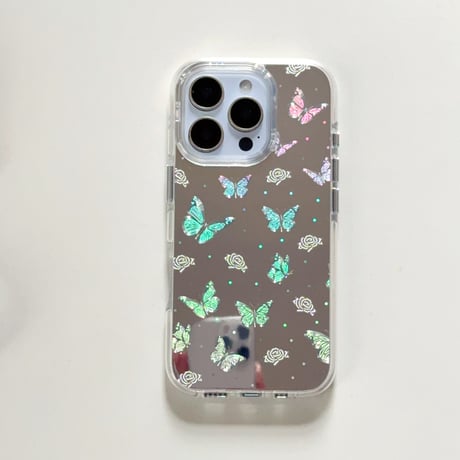 鏡付き蝶々 iPhone16pro/16ケース キラキラ 艶感 iPhone15promax/14/13proカバー 夏コーデにおすすめ [M5307]