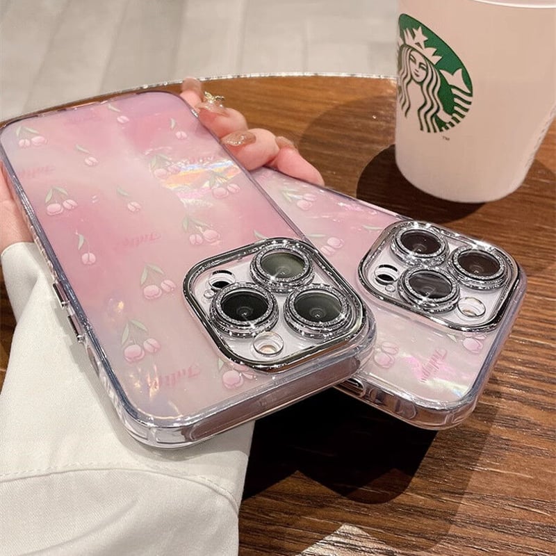 ピンク iPhone15/15proケース シェル風 チューリップ キラキラ