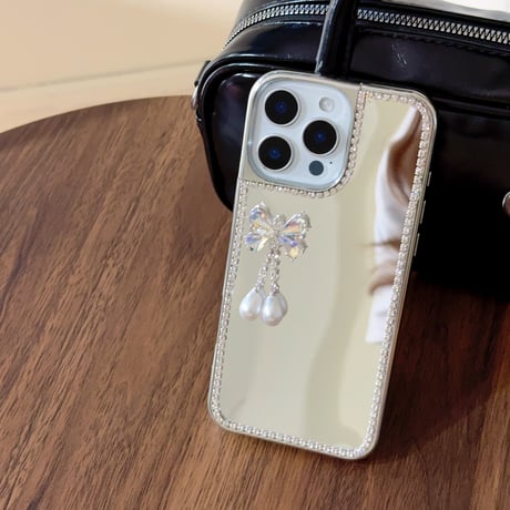 ミラー iPhone16e/16proケース 蝶/花デコ ダイヤ/パール iPhone15promax/14/13カバー おしゃれ シック 女子力高い [M5281]