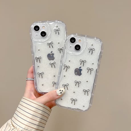 立体リボン iPhone15/16proケース うねうね ラメ入り iPhone14/13pro/12proケース キラキラクリアケース[M4436]