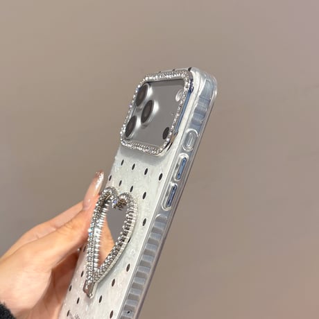 ハート型鏡スタンド iPhone17Pro/17ケース 水玉模様 iPhone16Pro/15/14ース 可愛い 実用品 キラキラダイヤデコ[M6426]