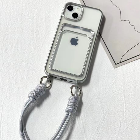 カード入れ iPhone15pro/16ケース ストラップ付 メッキ アイフォン14/13/SEカバー 便利 シンプル[4347]