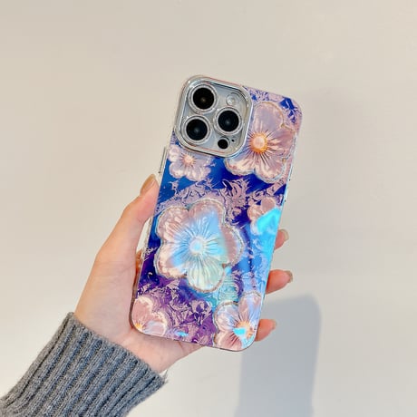 パープル 花柄 iPhone15pro/15promaxケース パールストラップ付 iPhone14/13pro/12ケース 便利 シック[M4096]
