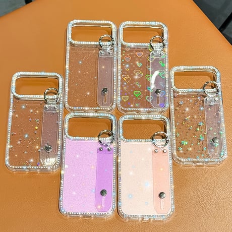 キラキラ光る iPhone17Pro/17ケース ベルト付 ジュエリライン iPhone16Promax/15Pro/14カバー リングスタンド付 美しい  [M5840]