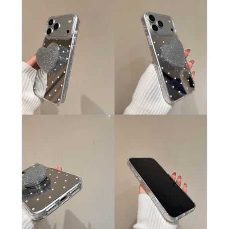 水玉模様ミラー iPhone17pro/17ケース ラメ入りハートグリップ iPhone16/15pro/14ケース 女子力高い[M6118]