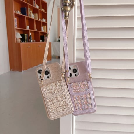 セレブ愛用 iPhone14/14proケース カード入れ付 ツイード生地 アイフォン13/12/11カバー 肩掛けストラップ 可愛い 実用 超人気 [M2617]