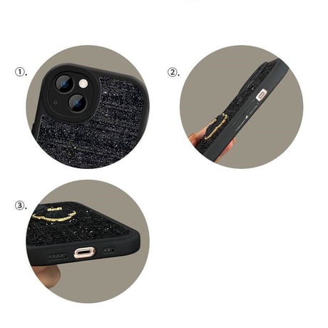 オシャレ iPhone14/14proケース  リボン 真珠ストラップ付アイフォン13/12/11proケース セレブ愛用 ツイード生地 実用 可愛い [M2408]