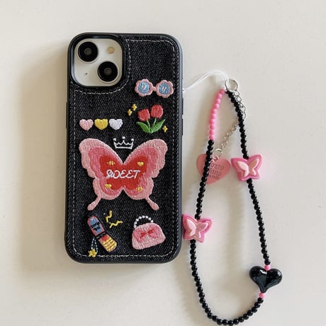 刺繡入り蝶々 iPhone15/14proケース デニム素材 iPhone13/12proカバー ストラップ付  [M3495]